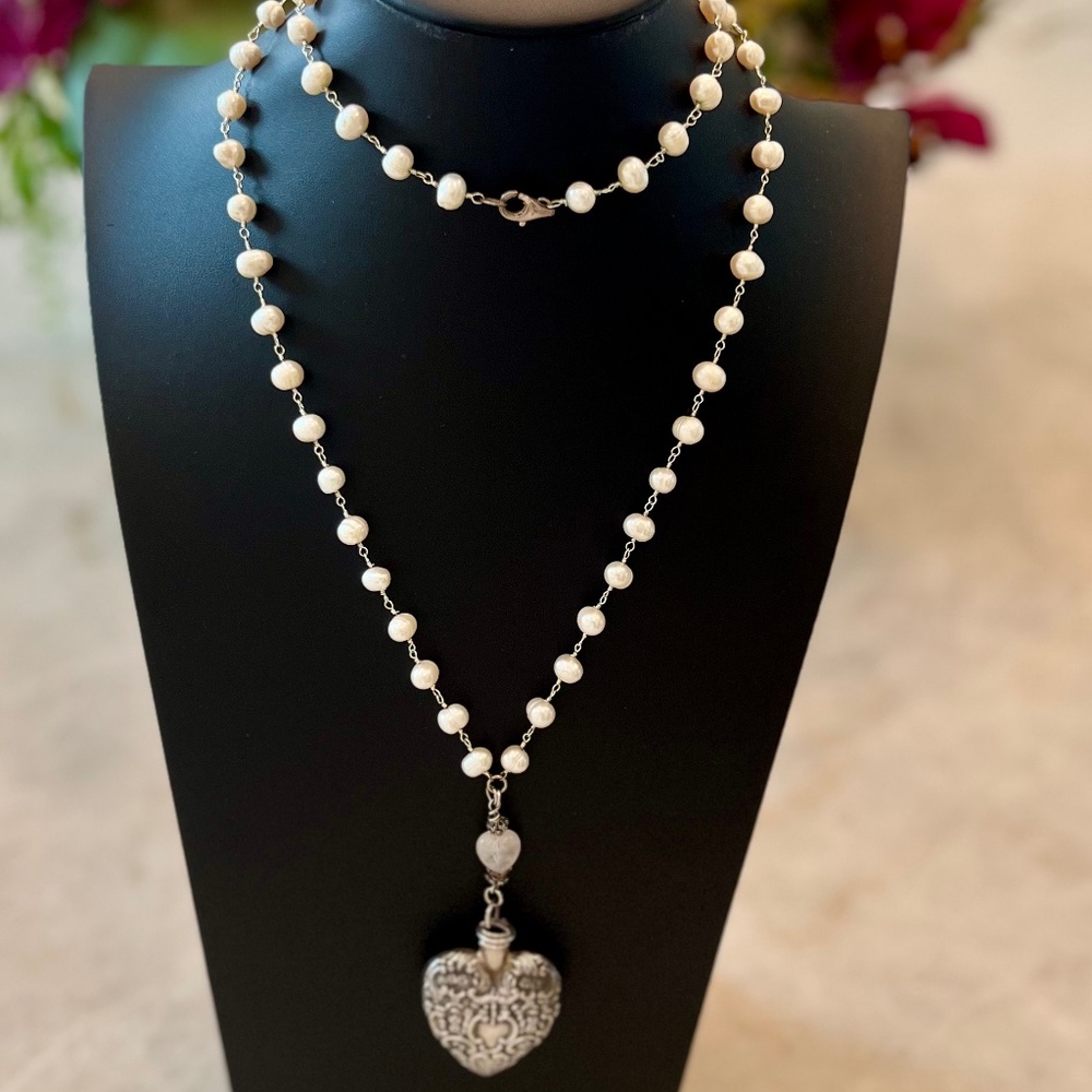 Antique French Sterling Silver Perfume Bottle Necklace | Pearl Rosary Chain